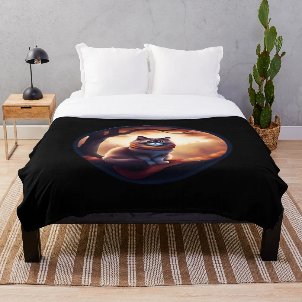 Cozy autumn cat plush blanket with whimsical black cat design