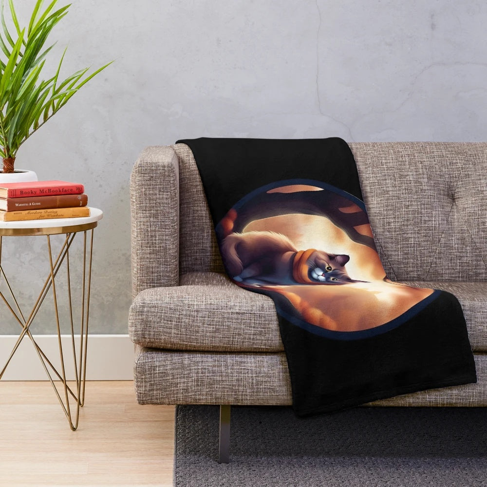Cozy autumn cat plush blanket with whimsical black cat design