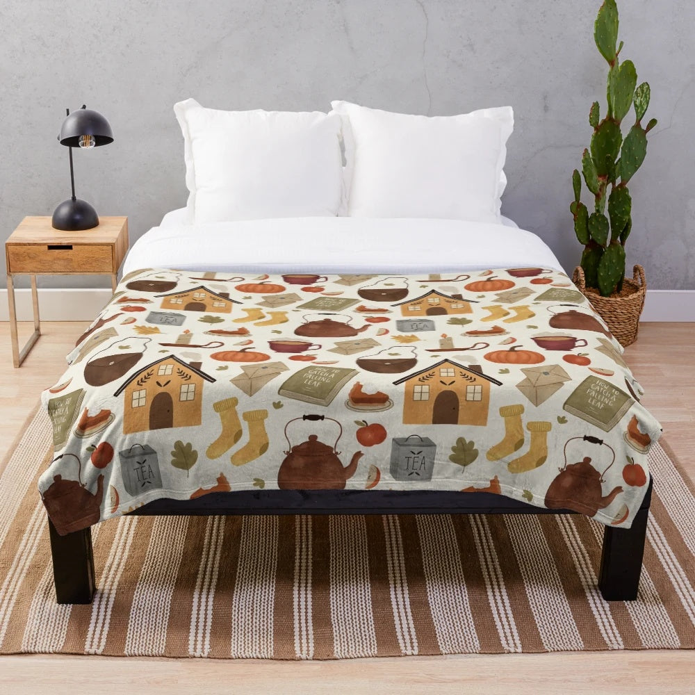 Autumn-inspired plush blanket with cozy cottage design