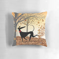 Charming illustration of a greyhound, whippet, or lurcher dog surrounded by autumn leaves on a decorative throw pillow