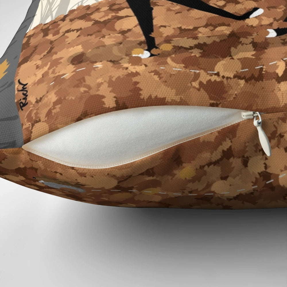 Charming illustration of a greyhound, whippet, or lurcher dog surrounded by autumn leaves on a decorative throw pillow