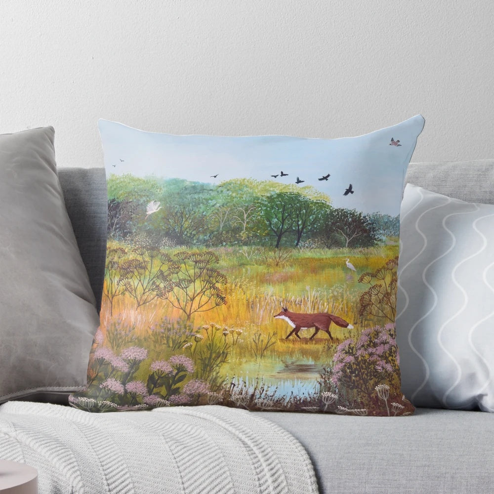 Autumn Equinox Pillow with Enchanting Fox Artwork by Artist Jo Grundy