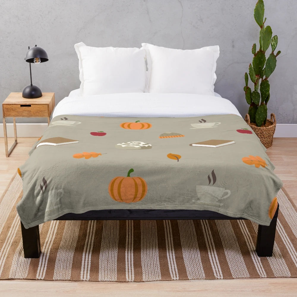 Autumn Feelings Plush Blanket with Leaves, Pumpkins, and Pumpkin Spice Latte
