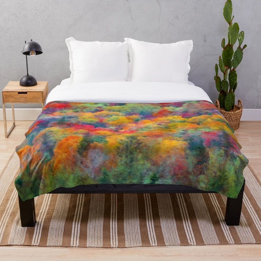 Autumn forest plush blanket with falling leaves