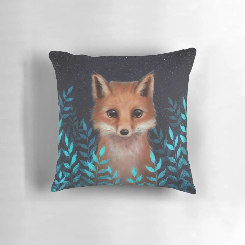Soft, plush decorative pillow featuring a cute, adorable fox design with autumn leaves and nature motifs.