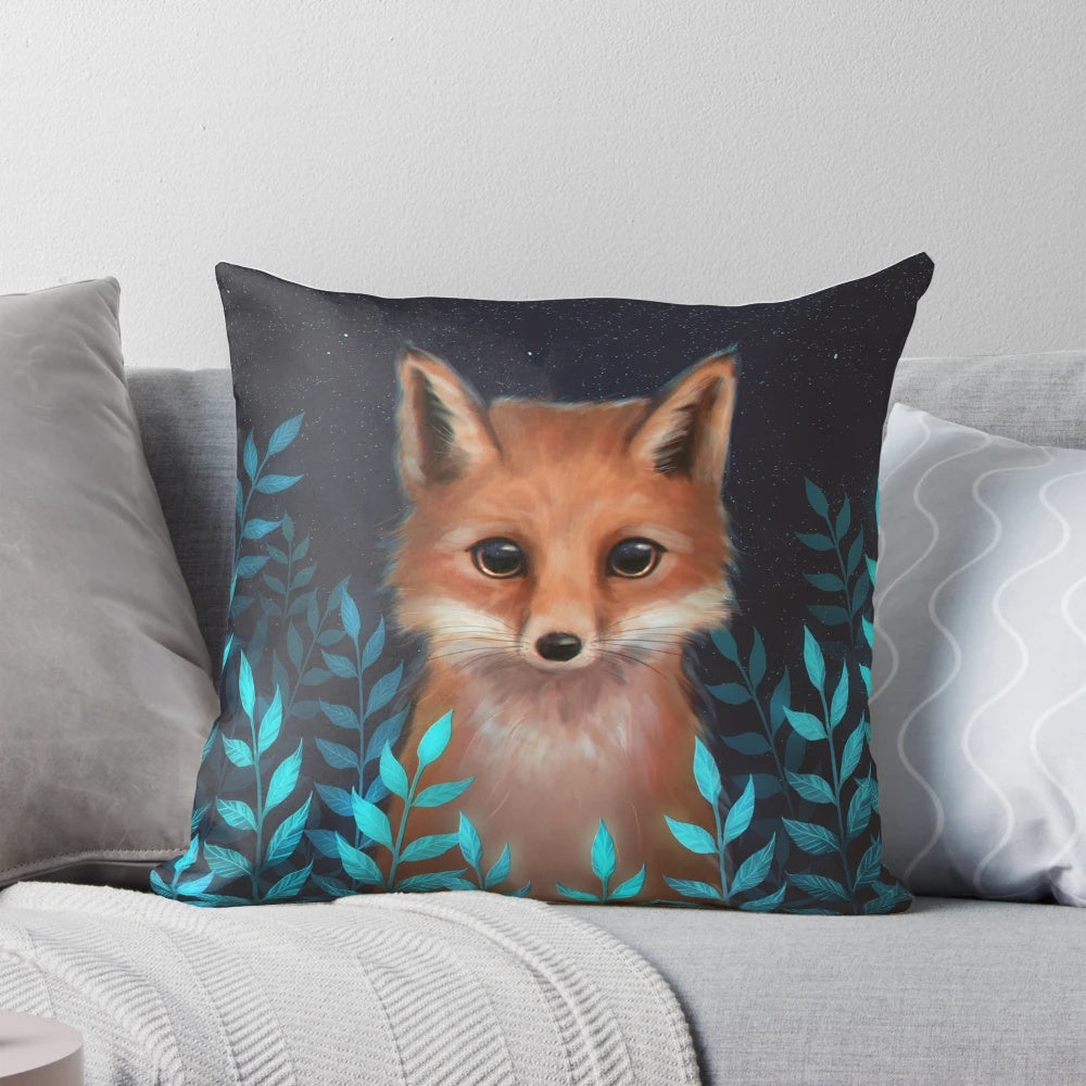 Soft, plush decorative pillow featuring a cute, adorable fox design with autumn leaves and nature motifs.