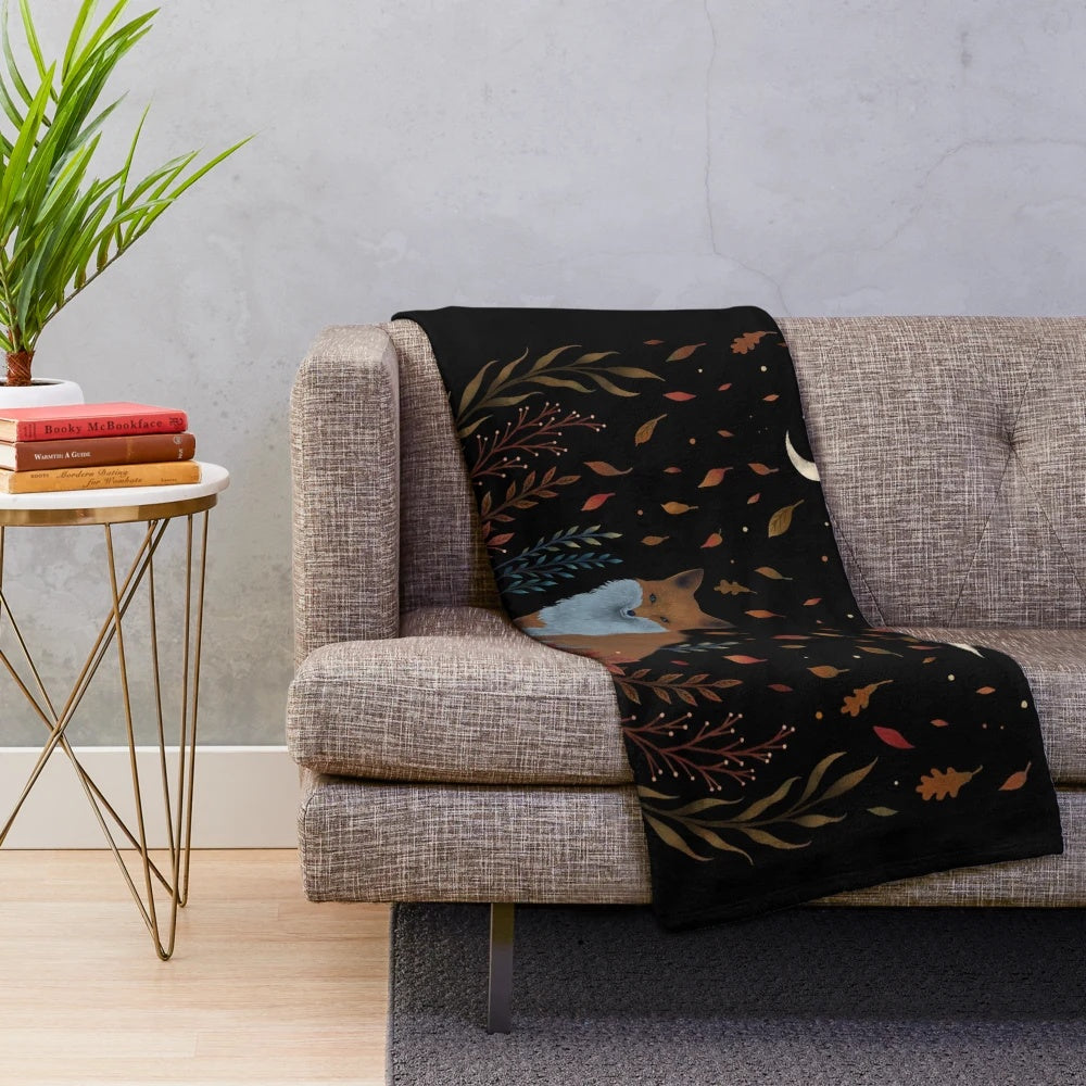 Autumn fox plush blanket with botanical and mystical design