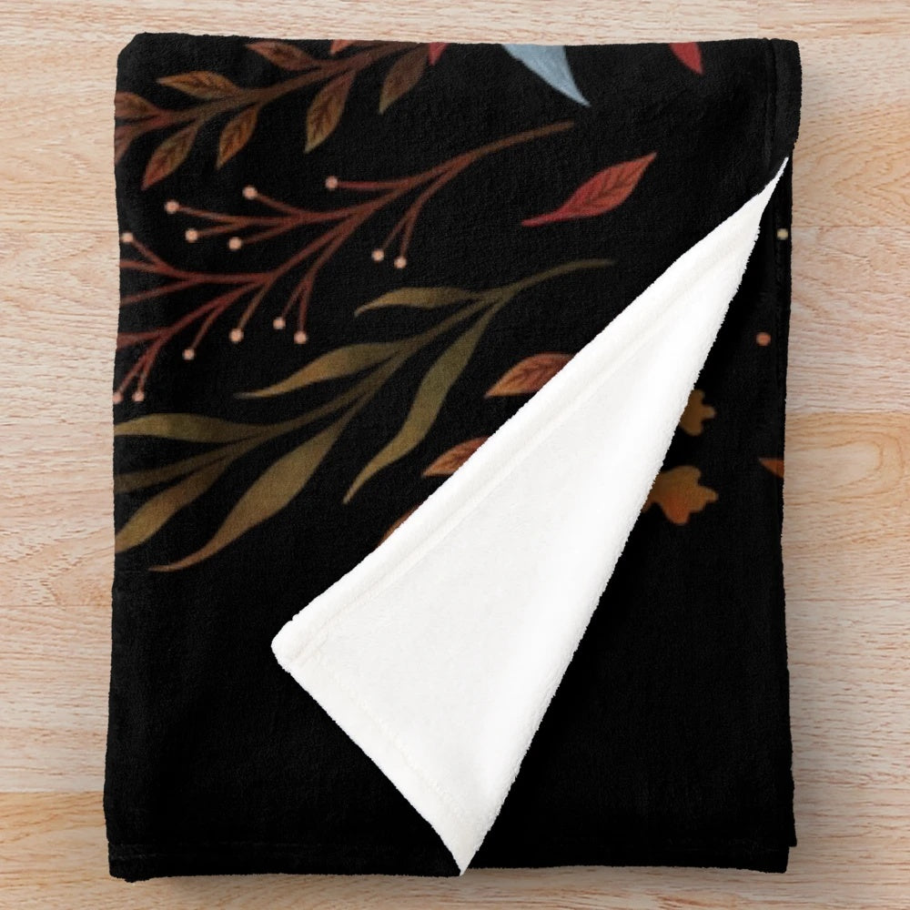 Autumn fox plush blanket with botanical and mystical design