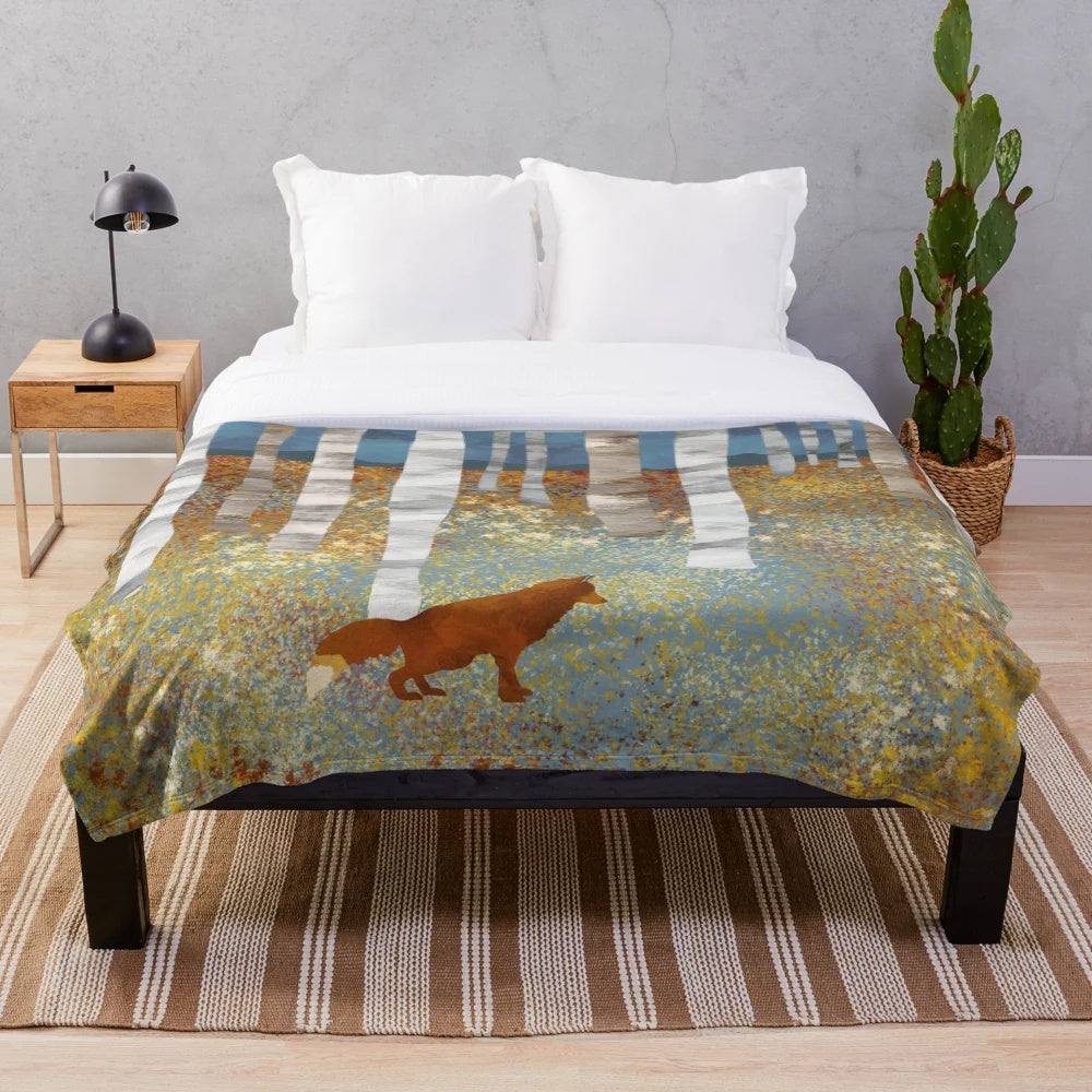 Autumn fox plush blanket with colorful abstract landscape design