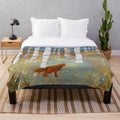 Autumn fox plush blanket with colorful abstract landscape design