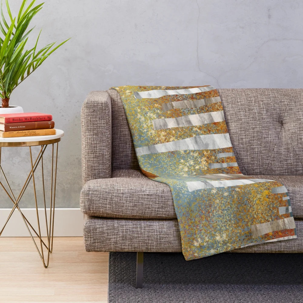 Autumn fox plush blanket with colorful abstract landscape design