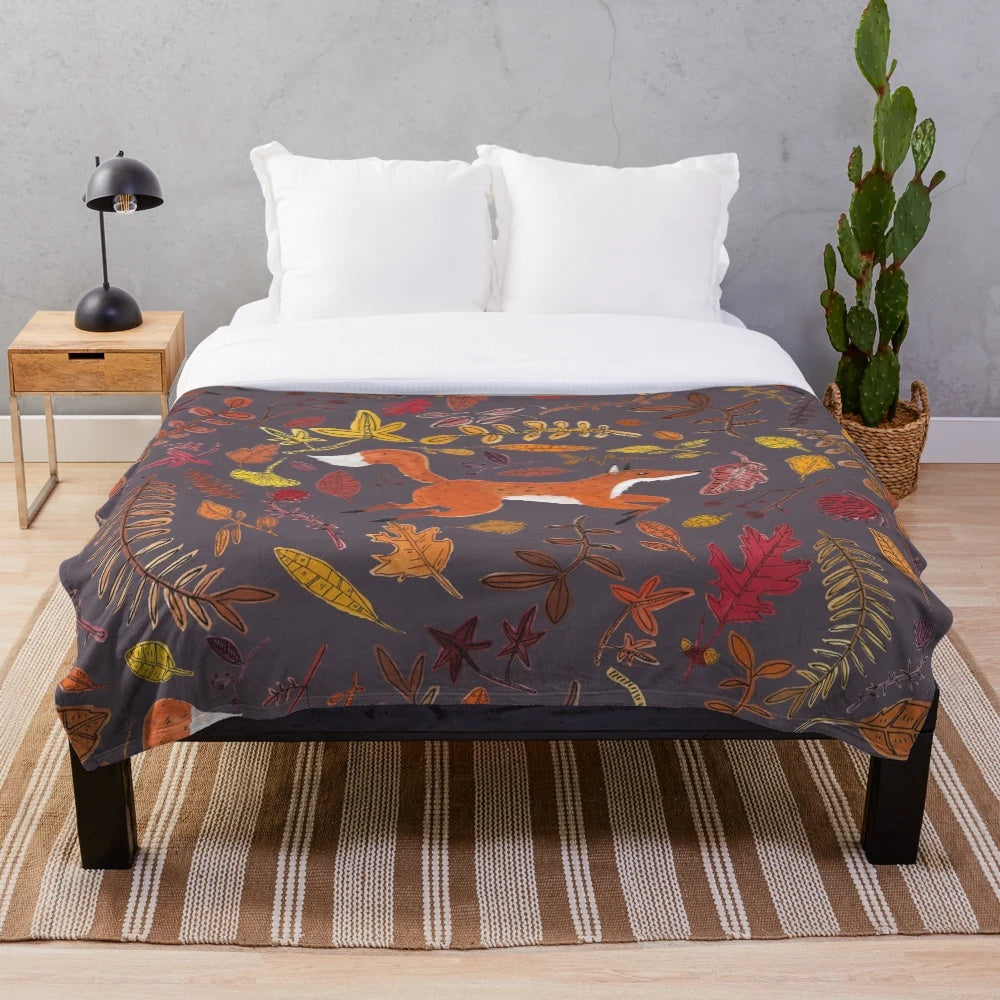 Soft and plush autumn-themed blanket with a fox animal print design
