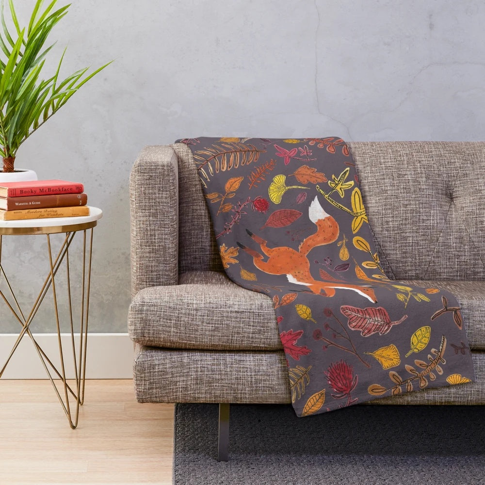 Soft and plush autumn-themed blanket with a fox animal print design