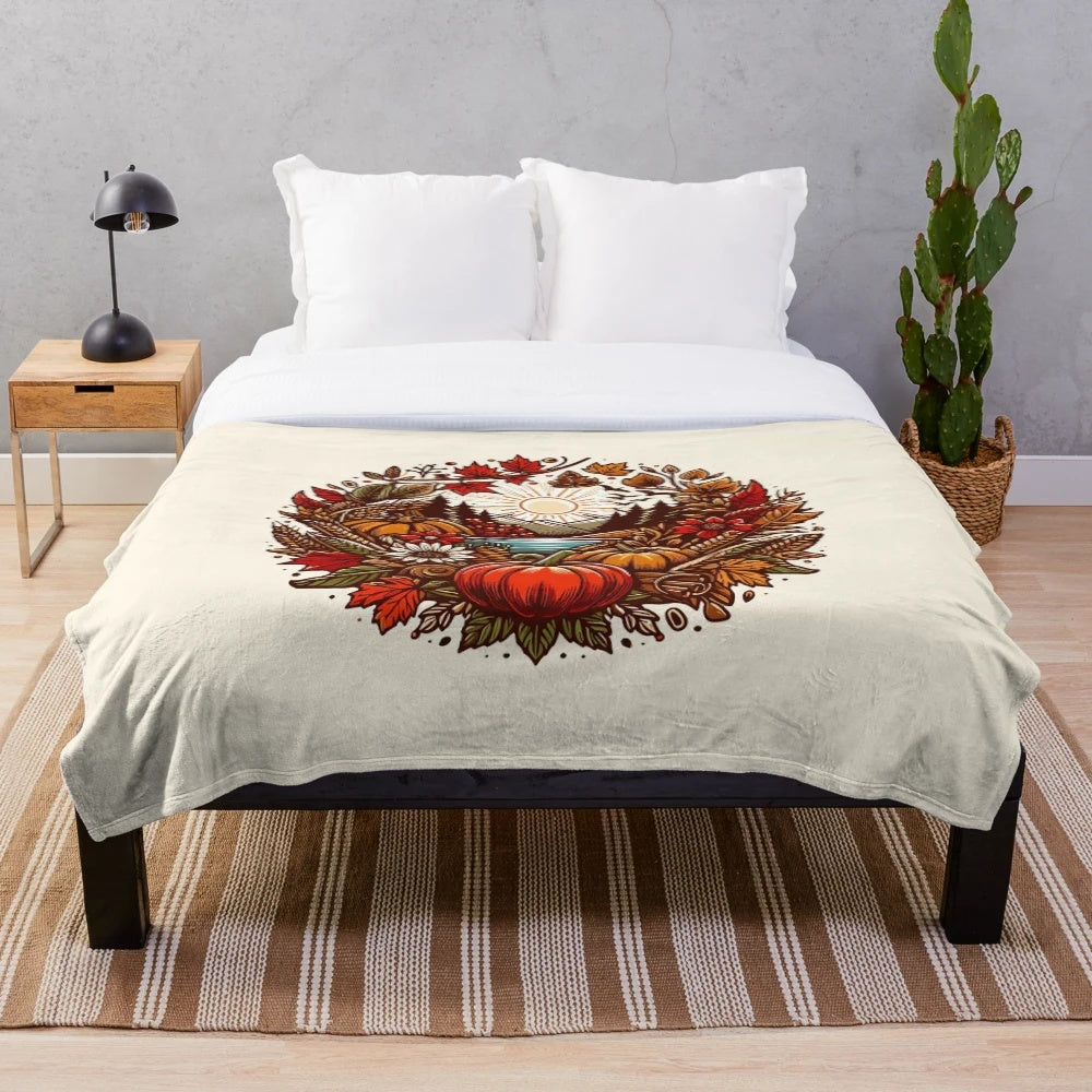 Colorful plush blanket with autumn leaves and pumpkin design
