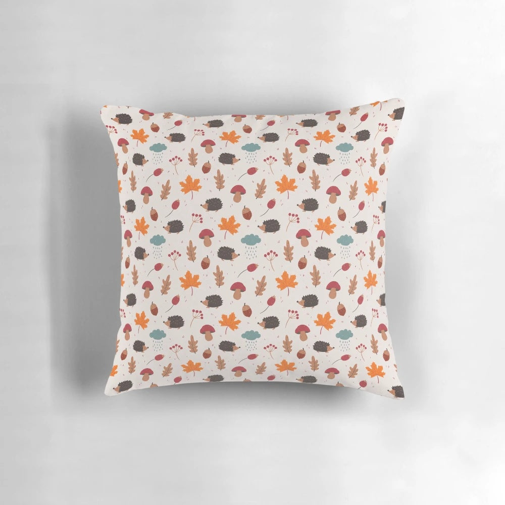 Soft, plush autumn-themed pillow featuring a cute hedgehog design, perfect for adding a touch of nature to your home.