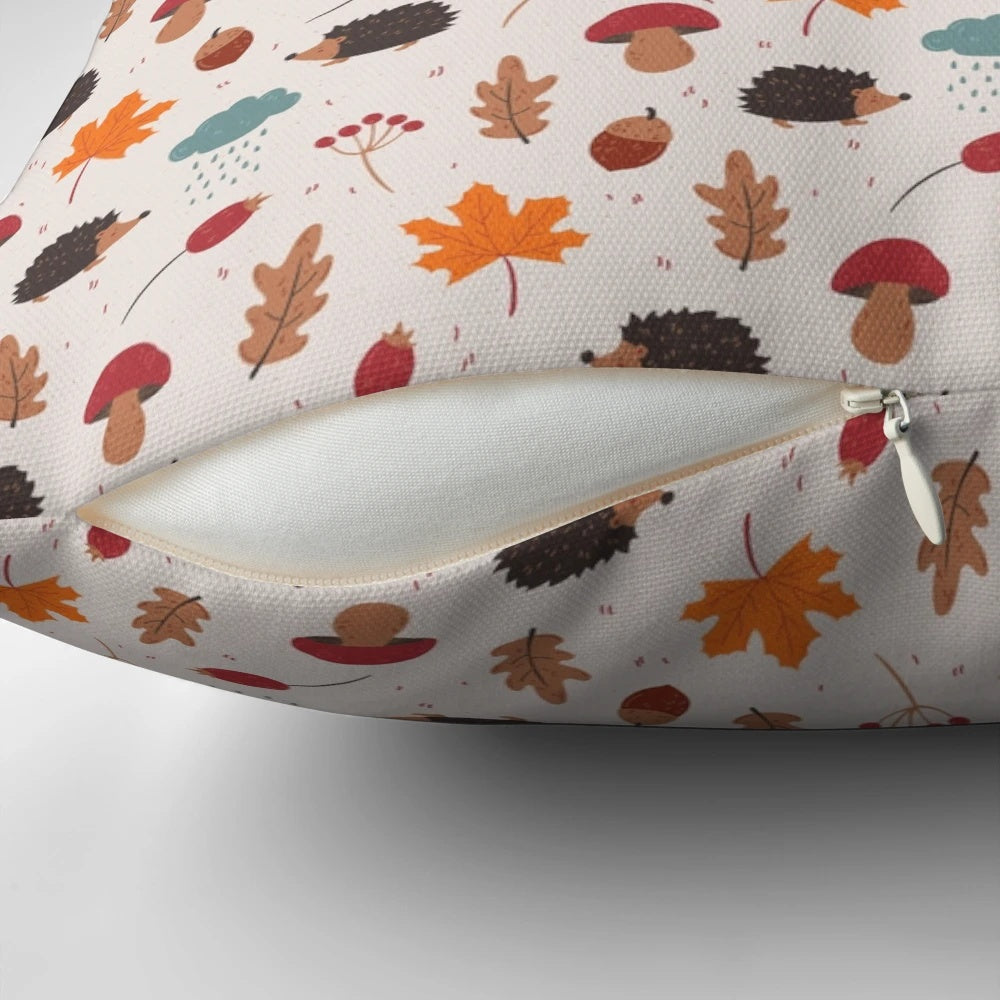 Soft, plush autumn-themed pillow featuring a cute hedgehog design, perfect for adding a touch of nature to your home.