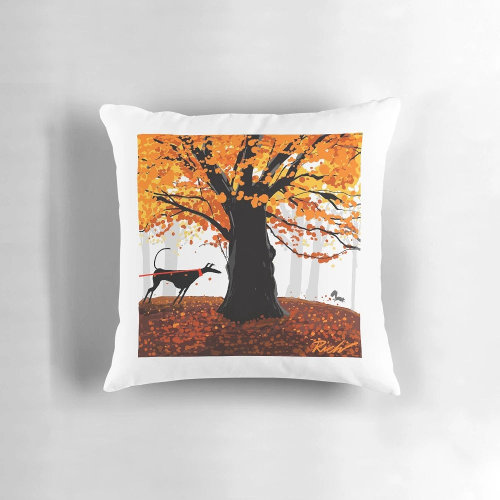 Autumn-themed pillow design featuring a hound and squirrel in an oak tree