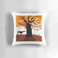 Autumn-themed pillow design featuring a hound and squirrel in an oak tree