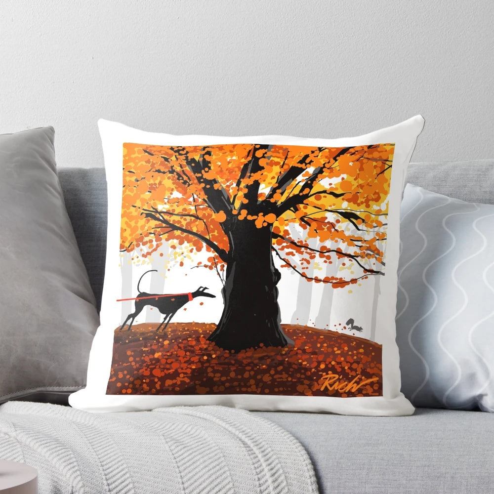 Autumn-themed pillow design featuring a hound and squirrel in an oak tree