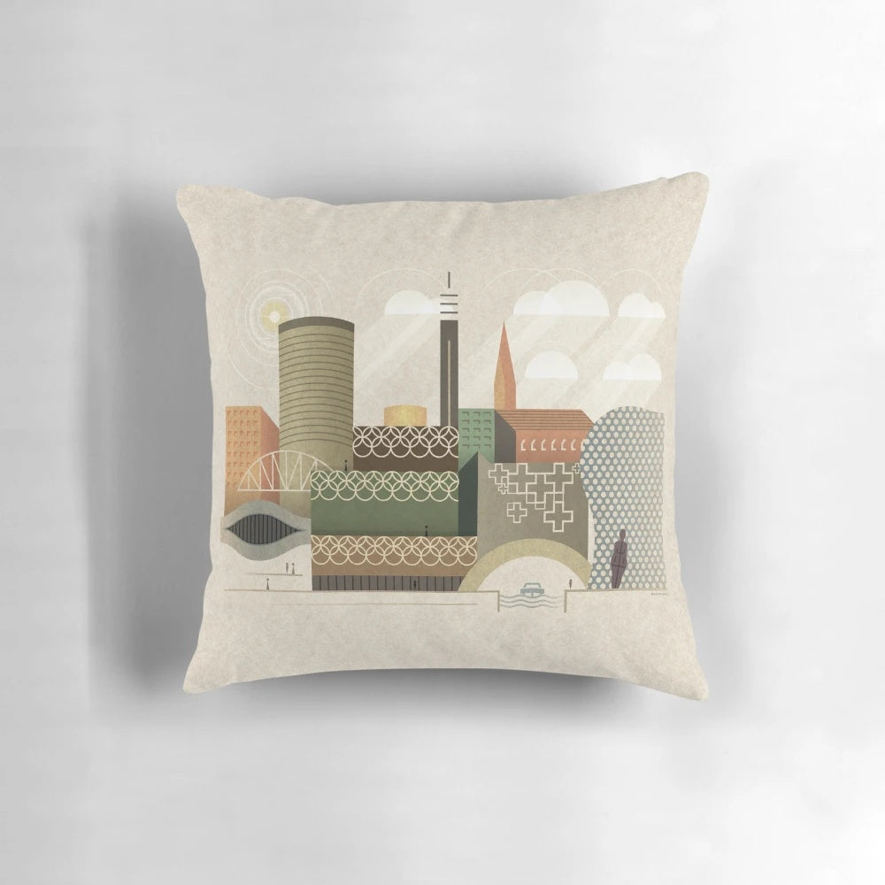 A decorative throw pillow featuring a cityscape of Birmingham, UK in autumn colors