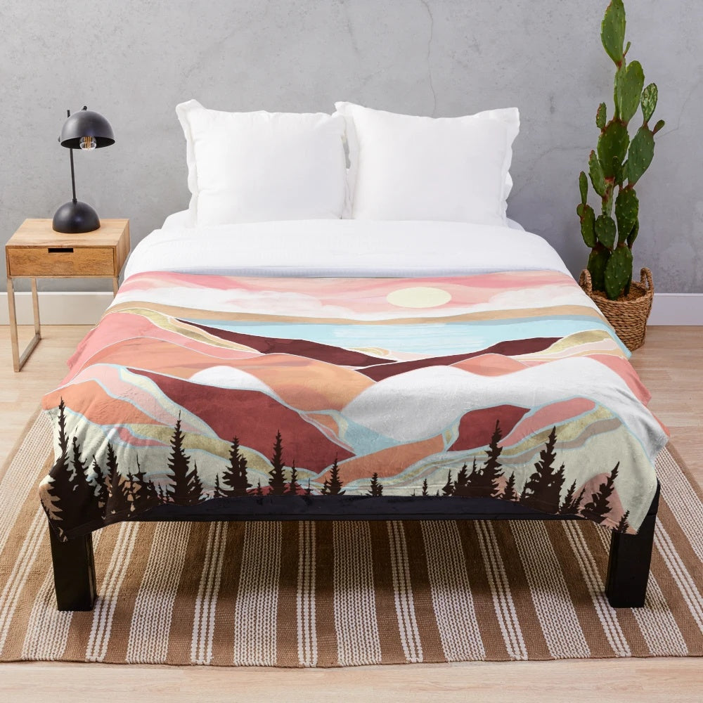 Plush blanket featuring an abstract autumn lake sunrise landscape design