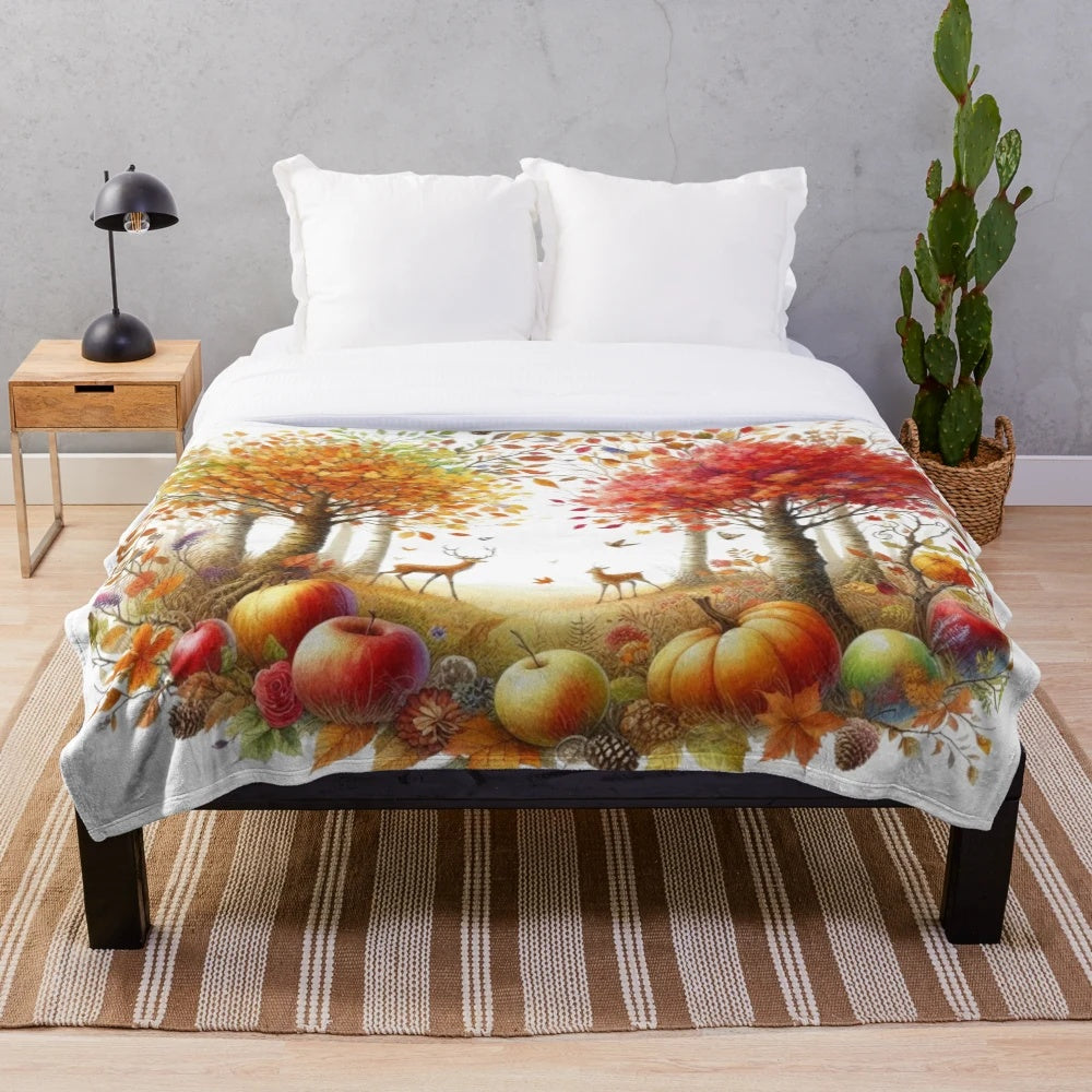 Cozy plush blanket featuring an autumn landscape with deer and fruit