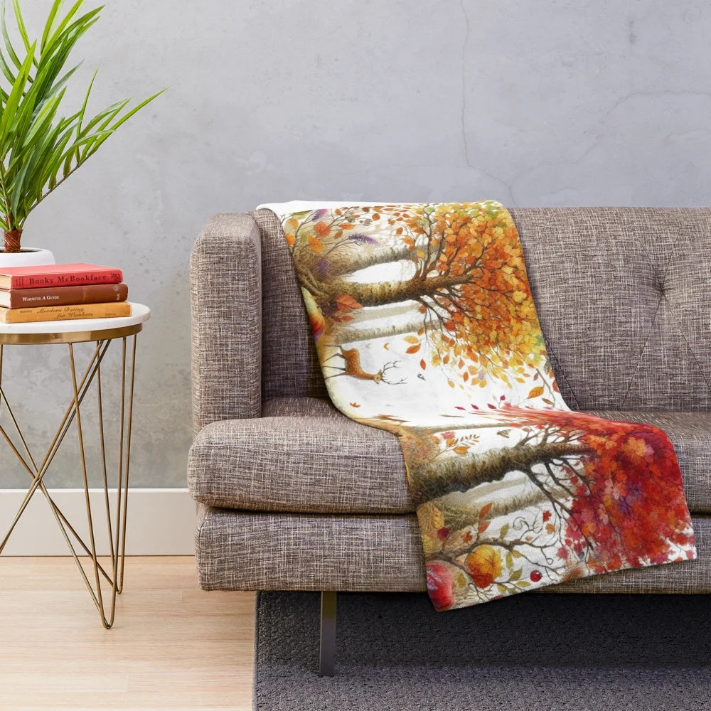 Cozy plush blanket featuring an autumn landscape with deer and fruit