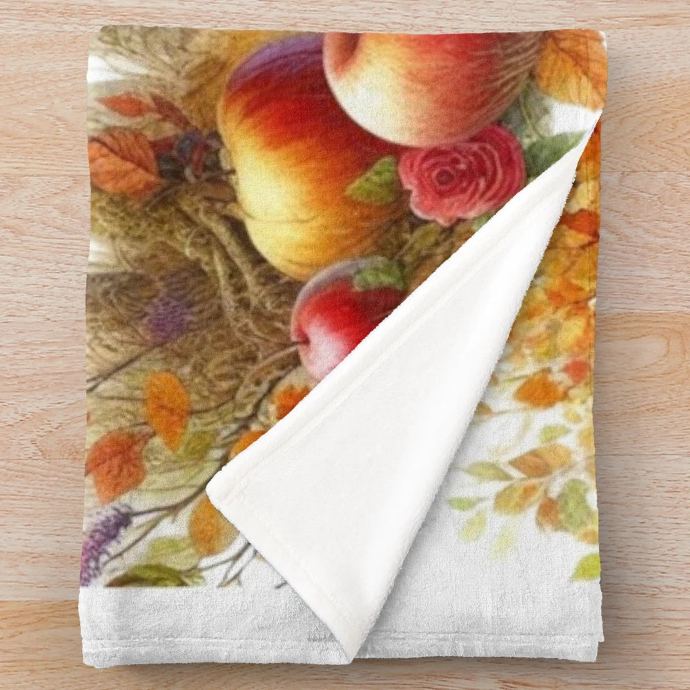 Cozy plush blanket featuring an autumn landscape with deer and fruit