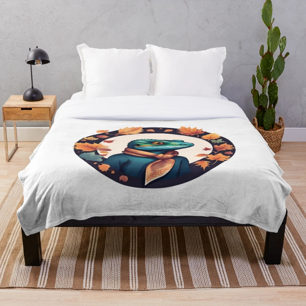 Cozy plush blanket featuring a cute lizard design in autumn colors