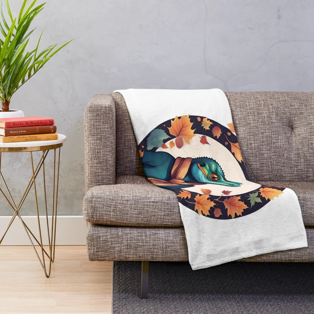 Cozy plush blanket featuring a cute lizard design in autumn colors