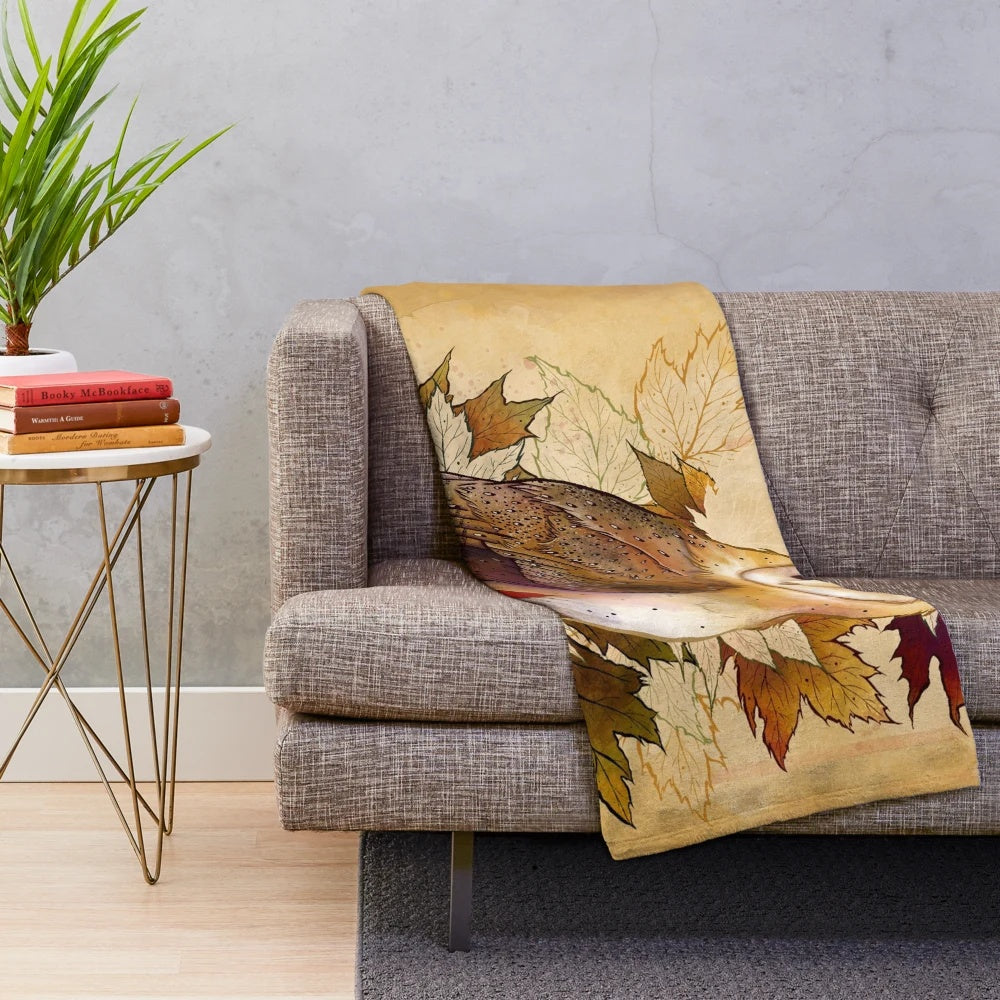 Cozy plush blanket featuring a watercolor design of autumn maple leaves and a barn owl