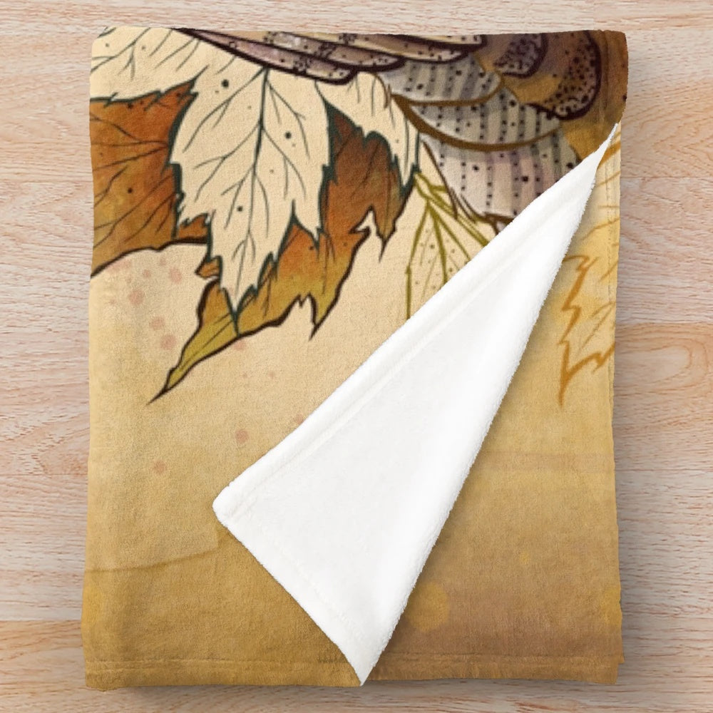 Cozy plush blanket featuring a watercolor design of autumn maple leaves and a barn owl
