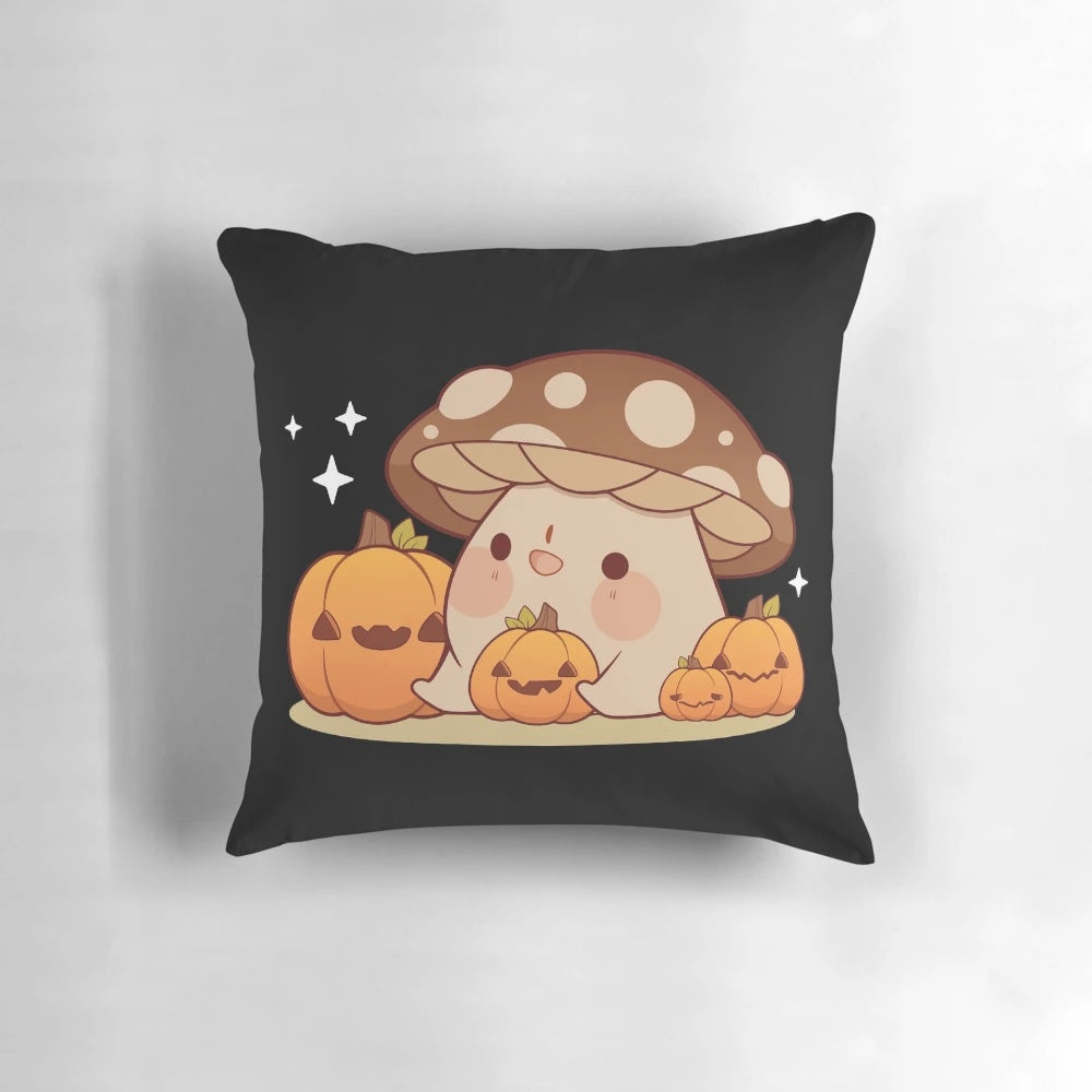 Charming mushroom-themed pillow with pumpkins, perfect for fall and autumn home decor