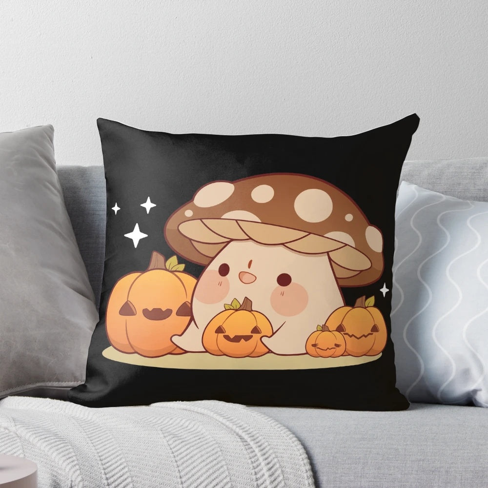 Charming mushroom-themed pillow with pumpkins, perfect for fall and autumn home decor