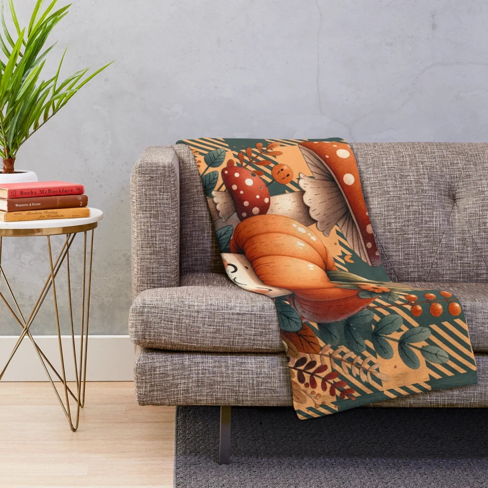 Cozy autumn mushroom plush blanket with whimsical fall design