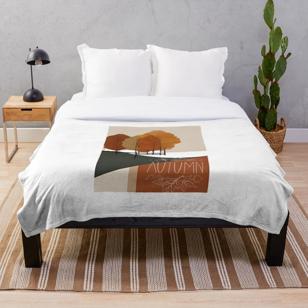 Autumn nature inspired plush blanket with minimalist floral pattern