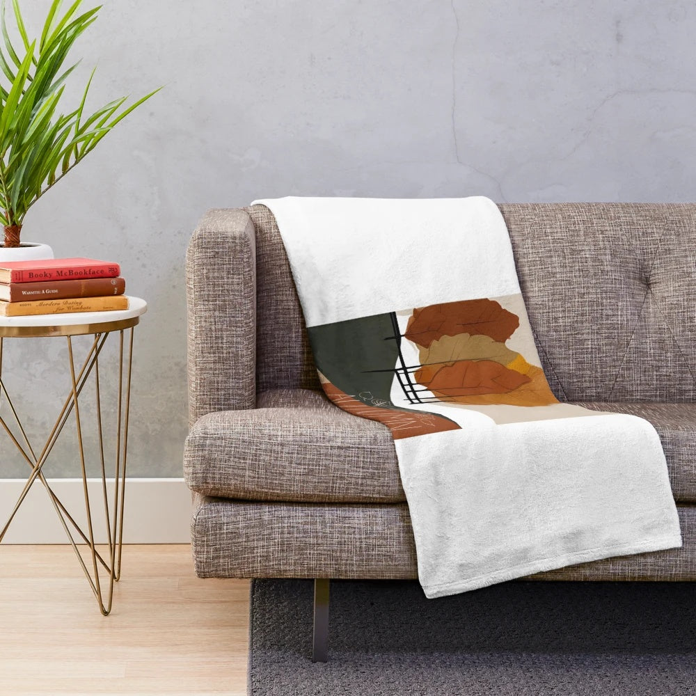 Autumn nature inspired plush blanket with minimalist floral pattern