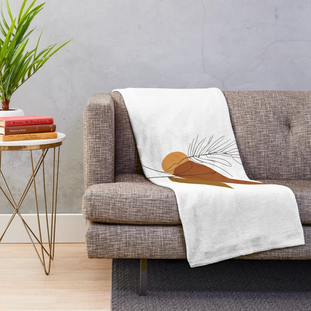 Cozy autumn nature plush blanket with minimalist leaf art design