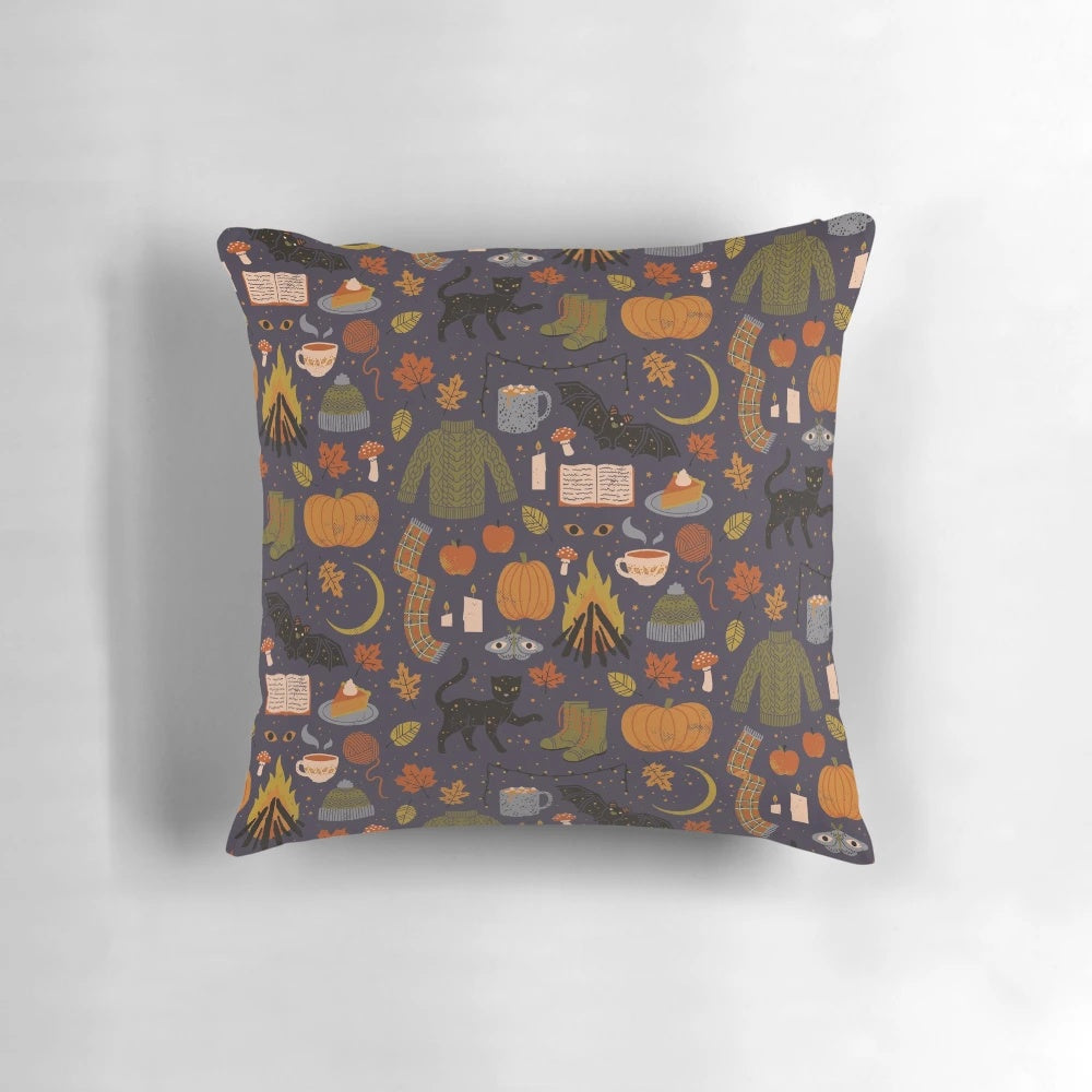 Autumn Nights Pillow featuring a cozy, spooky design with pumpkins, bats, and fall foliage