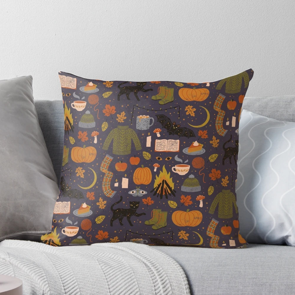 Autumn Nights Pillow featuring a cozy, spooky design with pumpkins, bats, and fall foliage