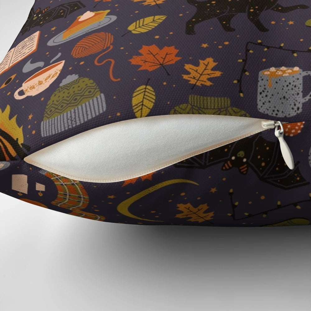 Autumn Nights Pillow featuring a cozy, spooky design with pumpkins, bats, and fall foliage