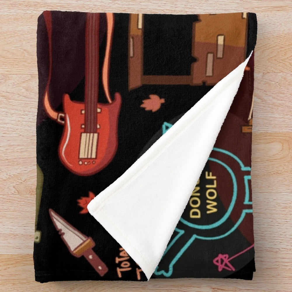 Cozy autumn pattern plush blanket featuring the Night in the Woods indie game design
