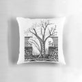 Artistic illustration of an autumn-themed decorative pillow with leaves and sketched outline