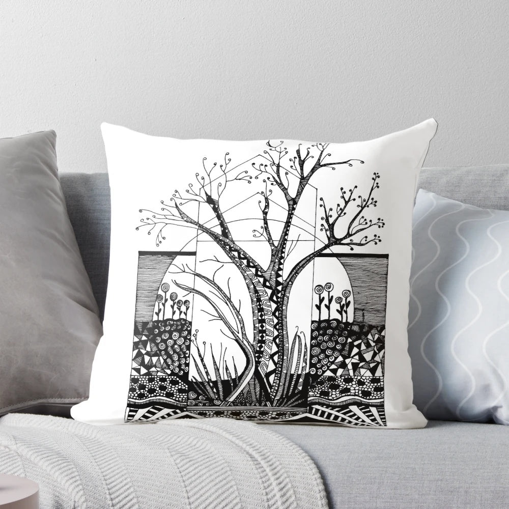 Artistic illustration of an autumn-themed decorative pillow with leaves and sketched outline