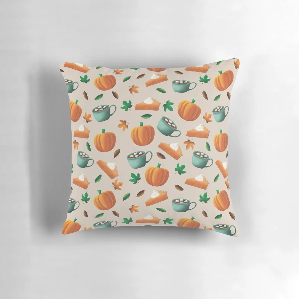 Cozy autumn-themed pillow with a nature-inspired pattern of falling leaves, pumpkins, and warm drinks.