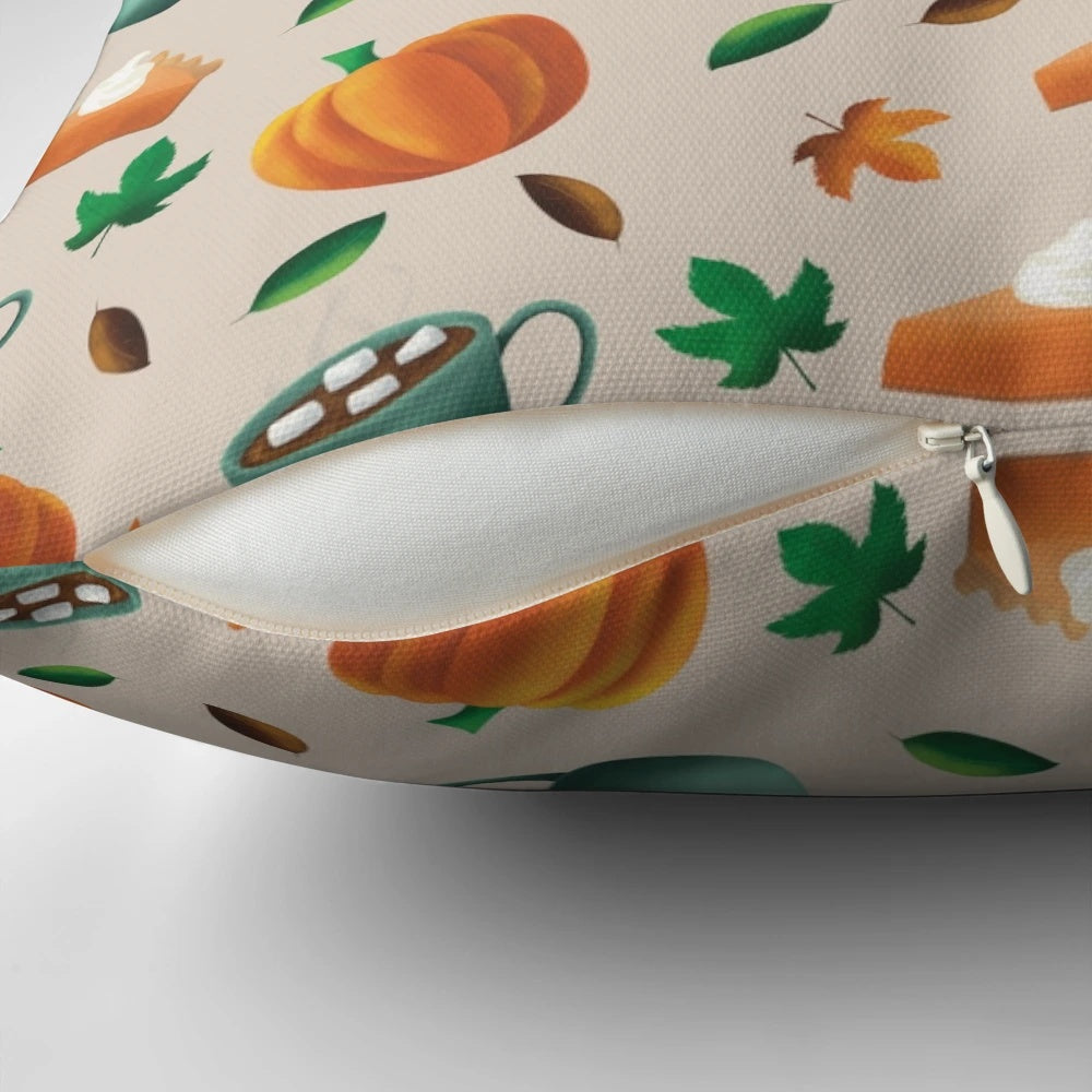 Cozy autumn-themed pillow with a nature-inspired pattern of falling leaves, pumpkins, and warm drinks.