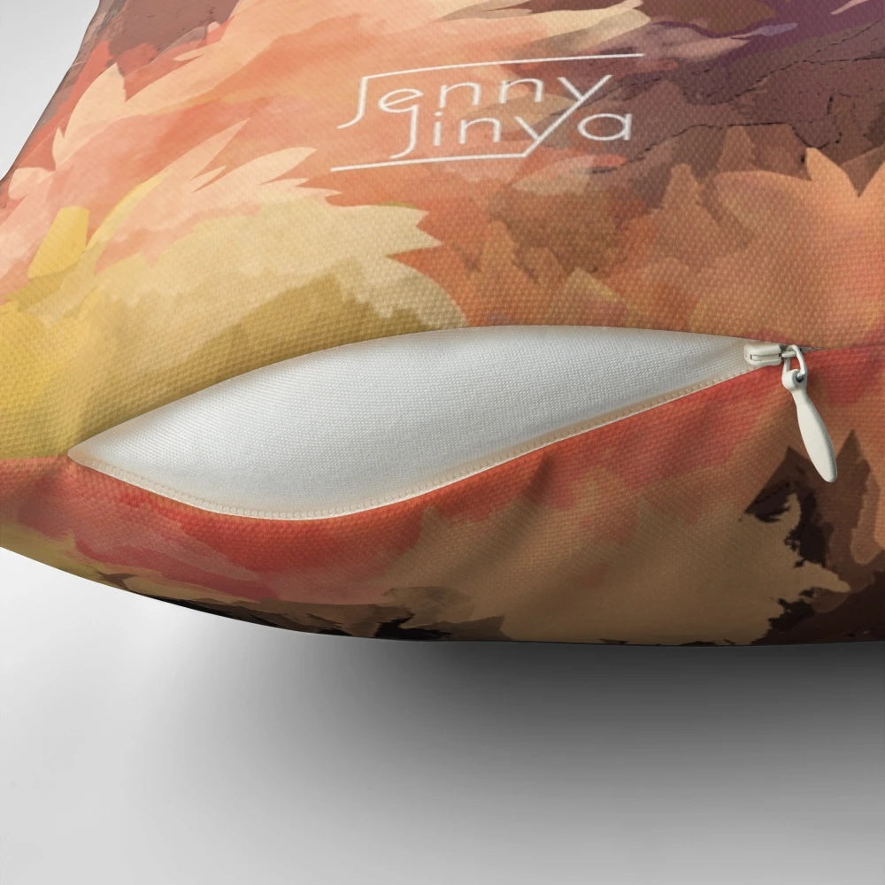 Autumn pillow featuring a watercolor design of a deer in a magical forest with fall leaves and sunrays