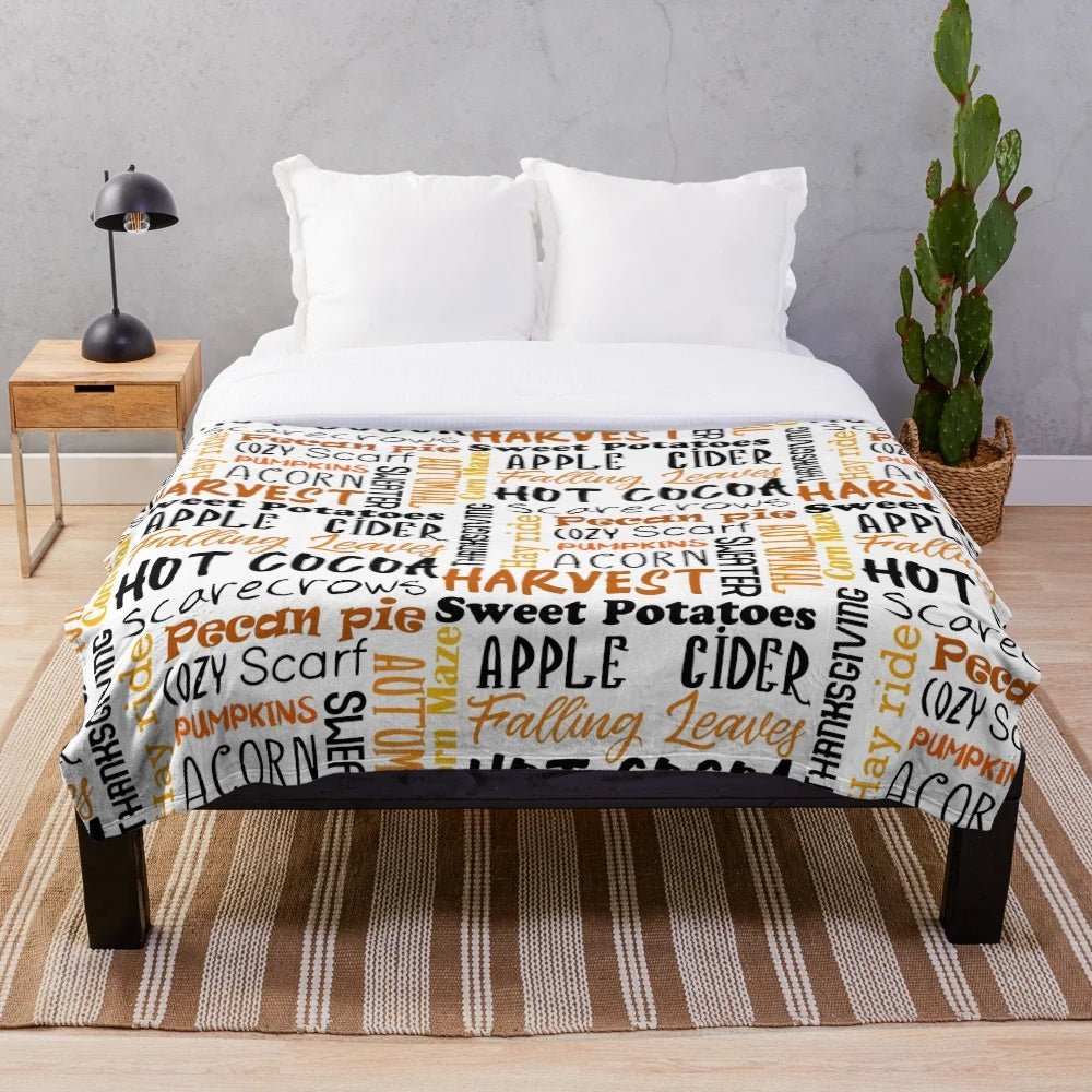 Cozy autumn plush blanket with pumpkins and fall foliage