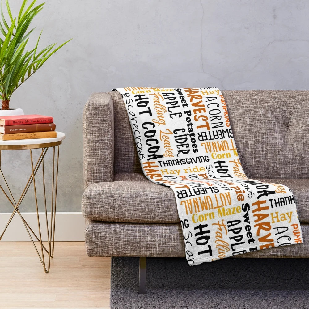 Cozy autumn plush blanket with pumpkins and fall foliage