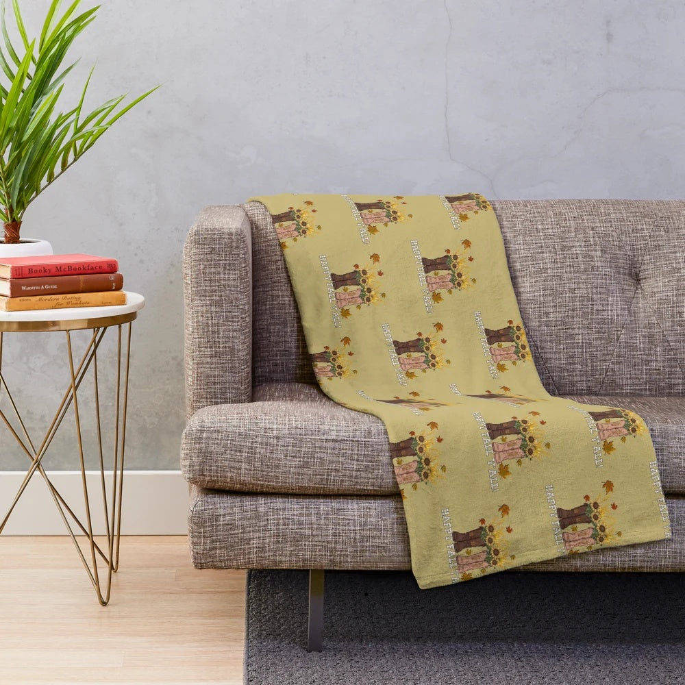 Soft and warm plush blanket featuring an autumn pumpkin patch design